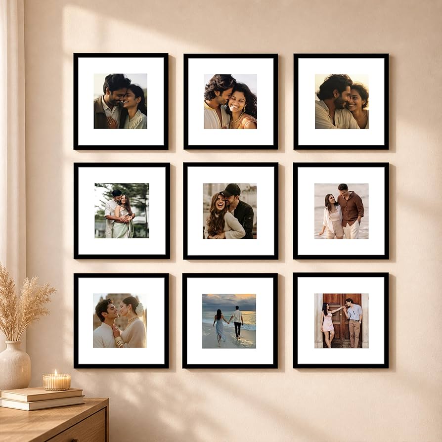 Premium 9-Piece Square Gallery Wall Frame Combo | Customized 4x4 Inch Photo Frame Set